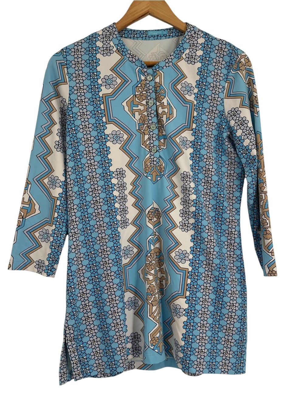 J MCLAUGHLIN Women’s Blue BISCAYNE Tunic Top CATALINA CLOTH 3/4 Sleeve Size M